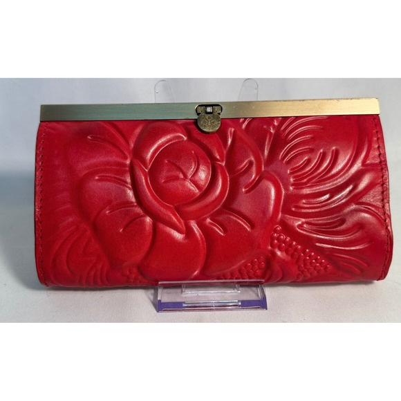 Patricia Nash wallet,‎ leather embossed red floral motif w/ tooled leather int - Picture 1 of 15